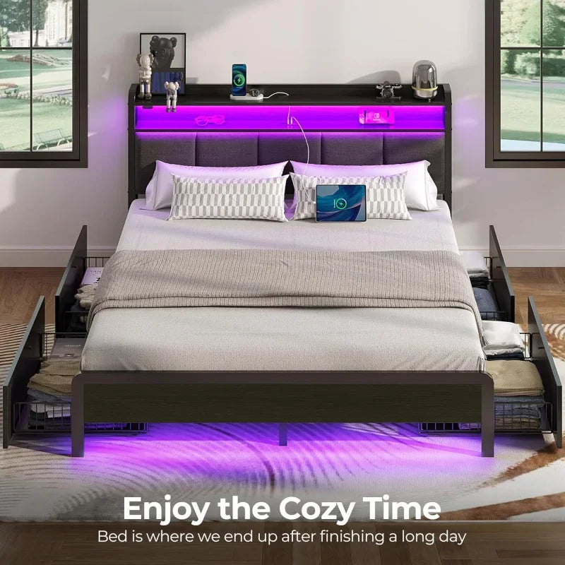 Bed Frame Queen Size with Charging Station and LED Lights, Upholstered Storage, Drawers
