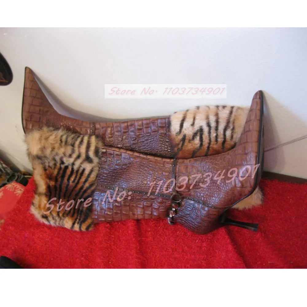 Crocodile Tiger Pattern Furry Retro Heeled Boots