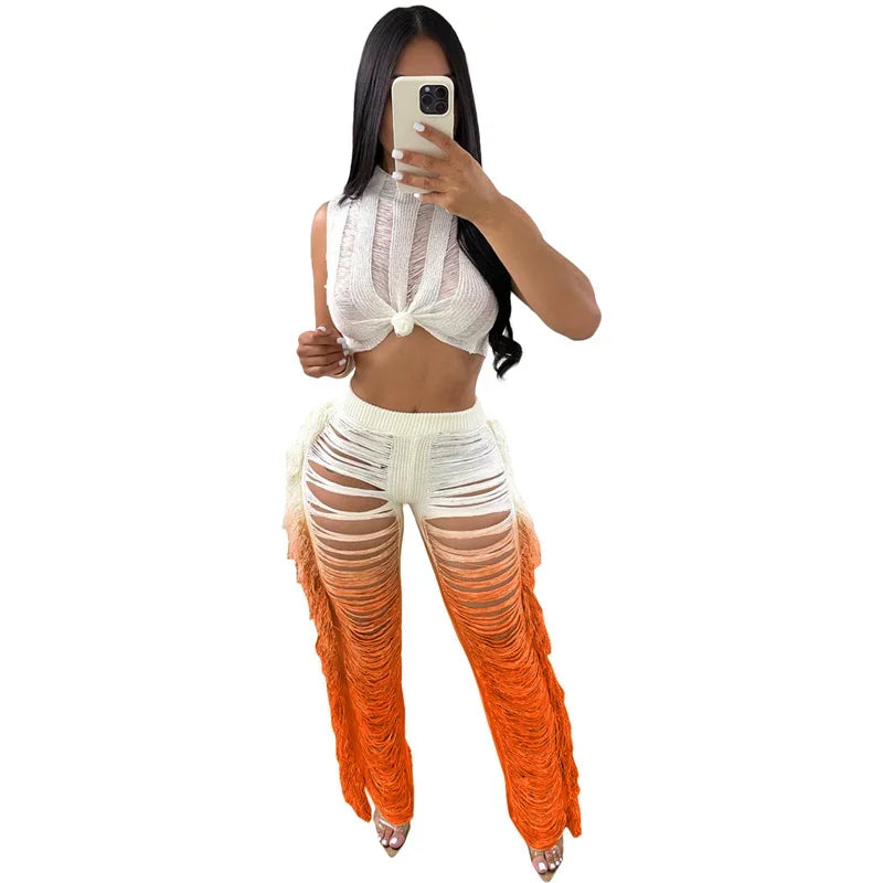 Gradient Color Crochet Two Piece Crop Top and Wide Leg Pants