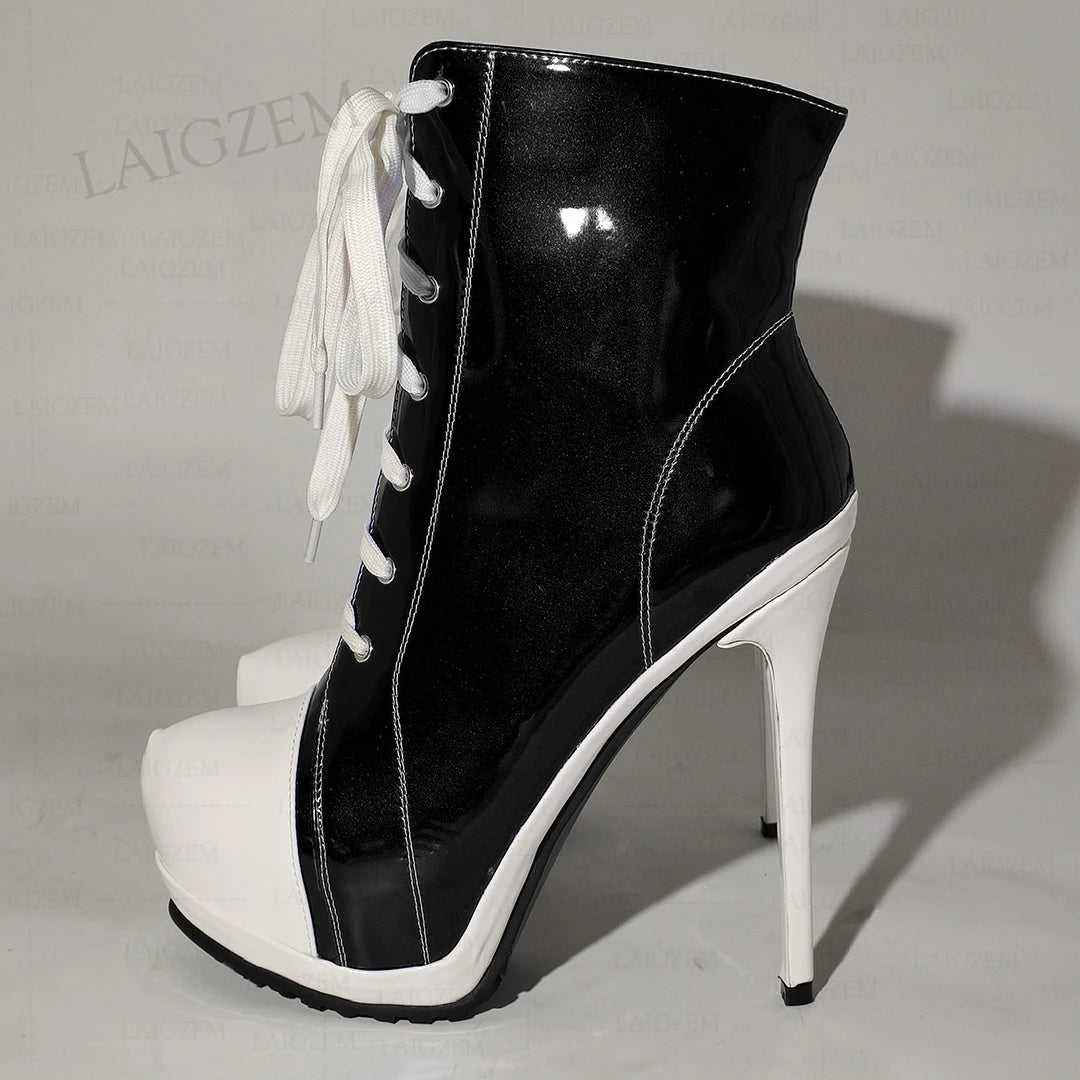 Ankle Boots Platform Shiny Zip Up Thin High Heel