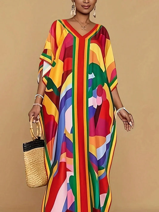 Plus Size Women V-Neck Printed Maxi Dress