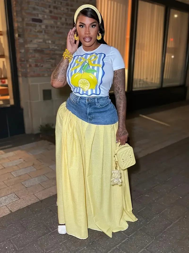 High Slit Skirt Denim Panel Trousers