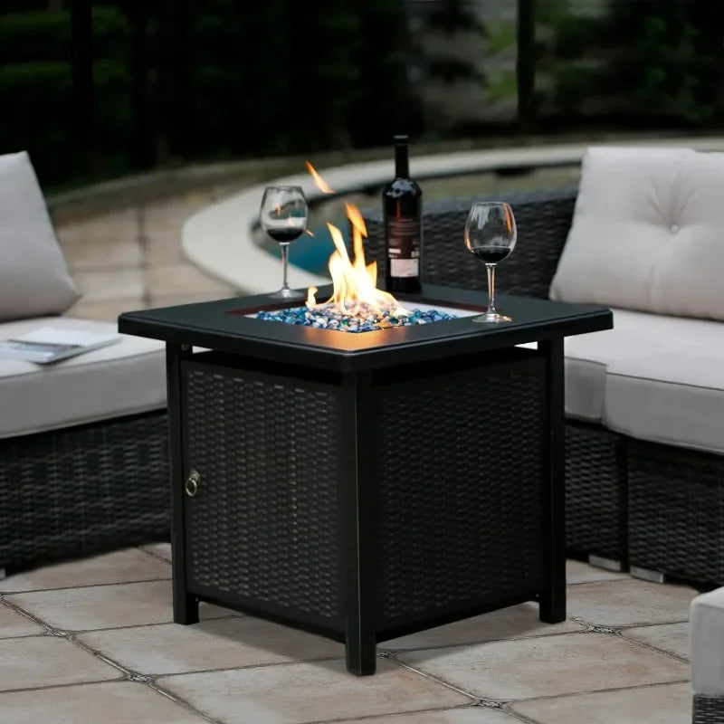 28 Inch Propane Fire Pit Rattan & Wicker-Look with Blue Fire Glass