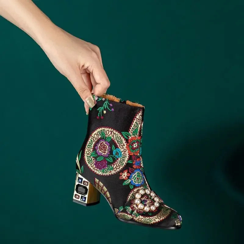 Embroidery Floral Ankle Boots Genuine Leather