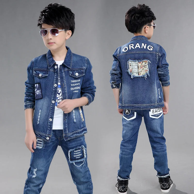 Teenage Boys Denim Clothes Set Jean Coat and Pants