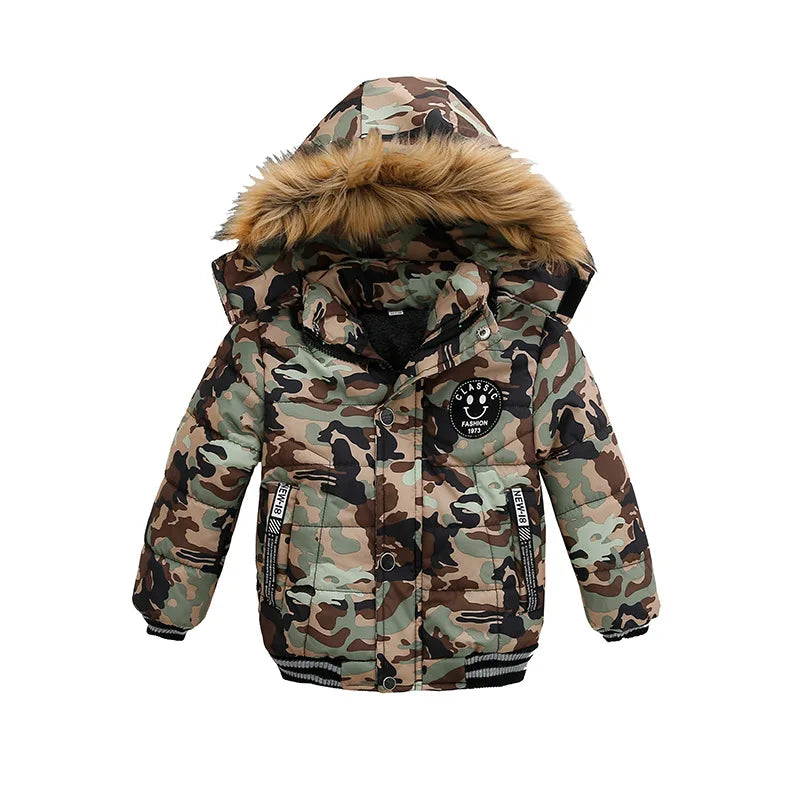 Boys Hooded Zipper Fashion Fur Collar Outerwear