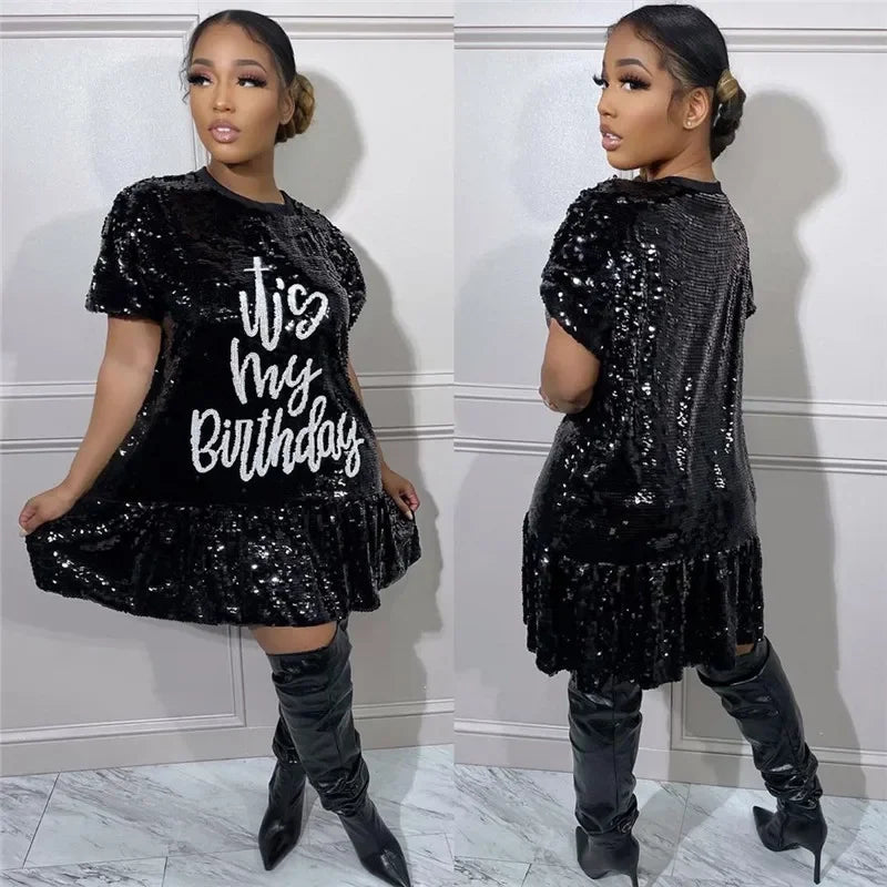 Short Sleeve Letter Sequins Shiny Casual T Shirt Dress