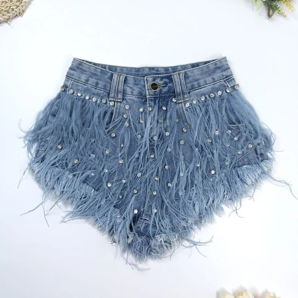 Rhinestone Beaded Feather High Waist Jeans Shorts