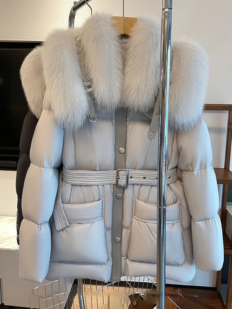 Warm Goose Down Puffer Jacket Natural Fox Fur Collar