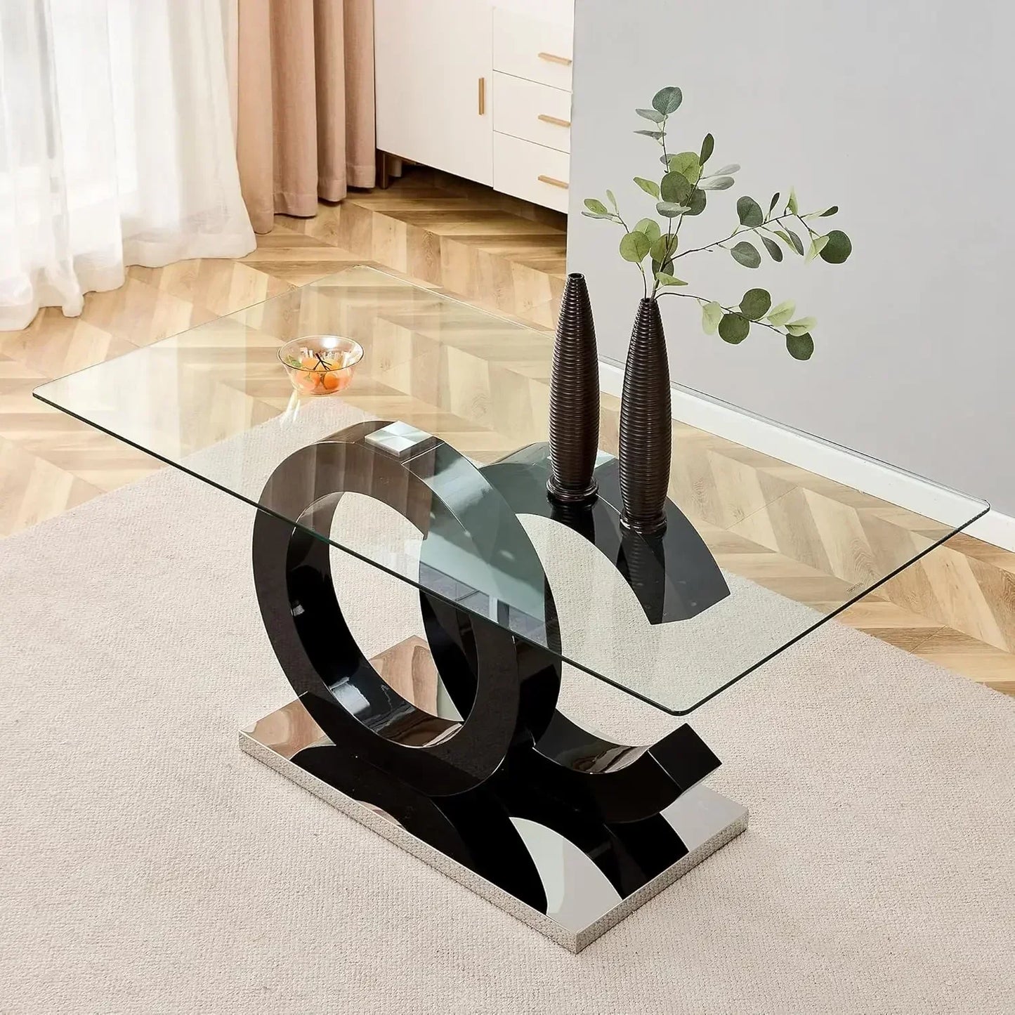 63”Glass Dining Table Set 0.39”Tempered Glass Rectangular Table with Chairs Set of 6