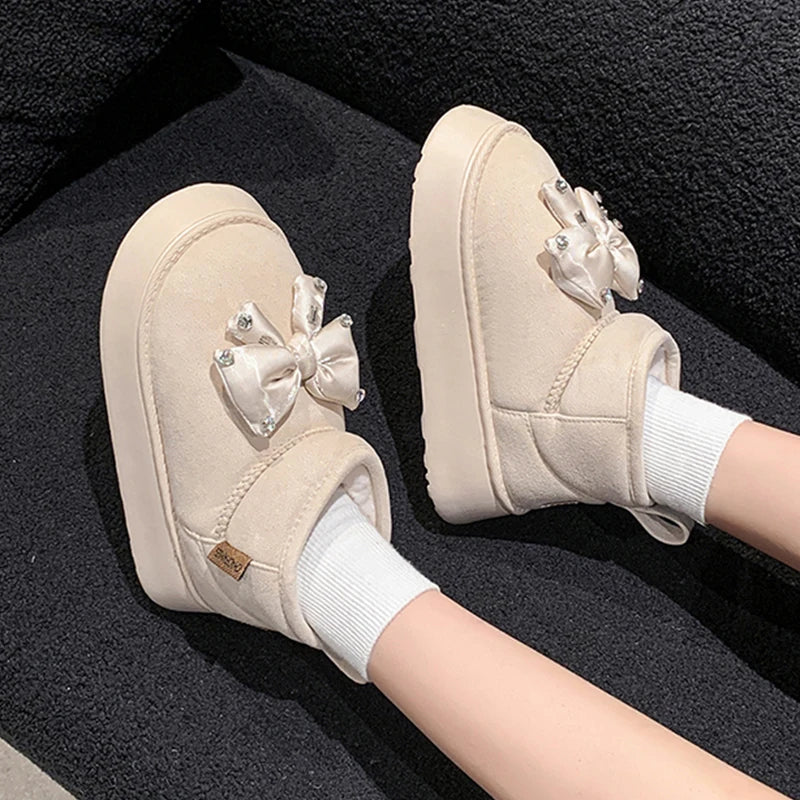 Diamond-Studded Butterfly-Knot Thicken Plush Ankle Boots