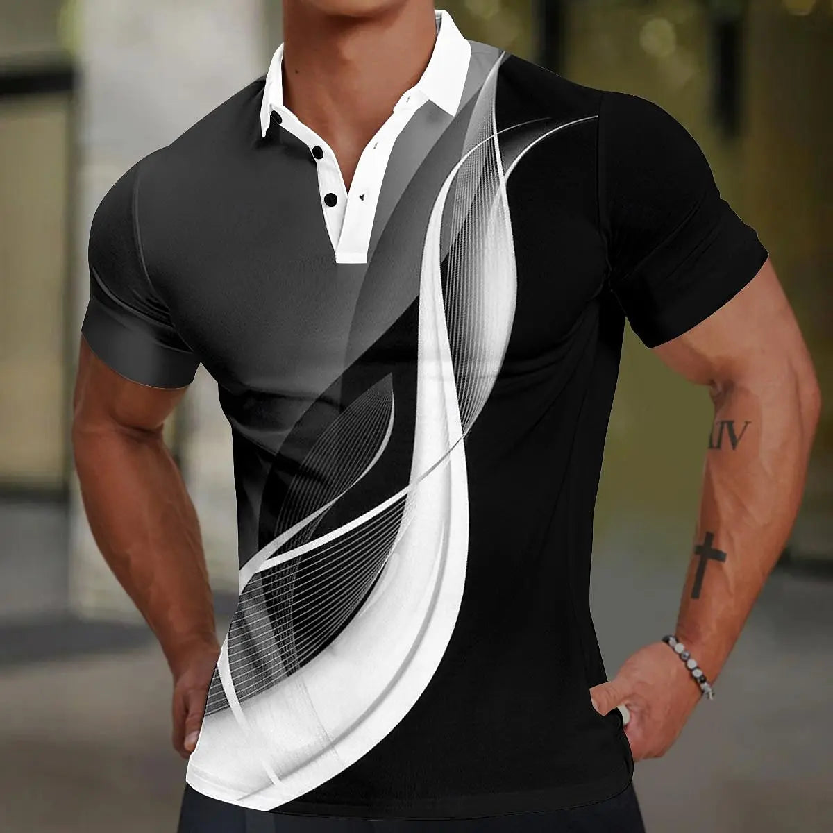 3d Colorful Line Print Short Sleeve Polo Shirt