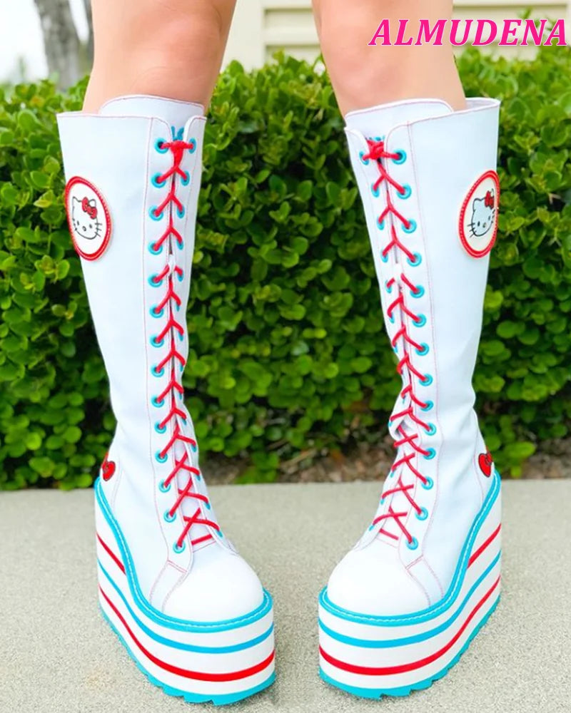 Canvas Platform Knee High Boots Colorful Cute Wedges