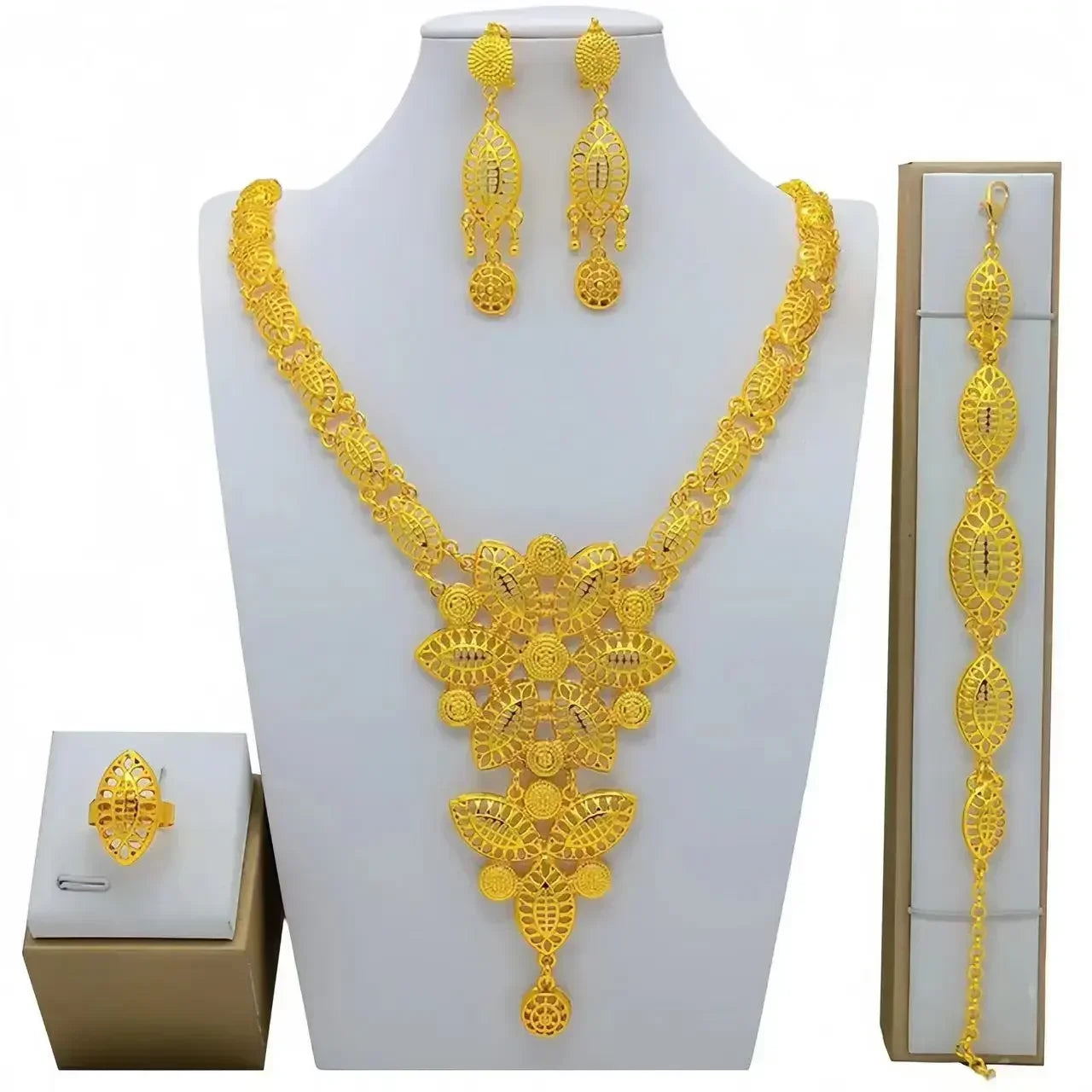 African India Long Chain Tassels Necklace Earrings Bracelet Ring Set