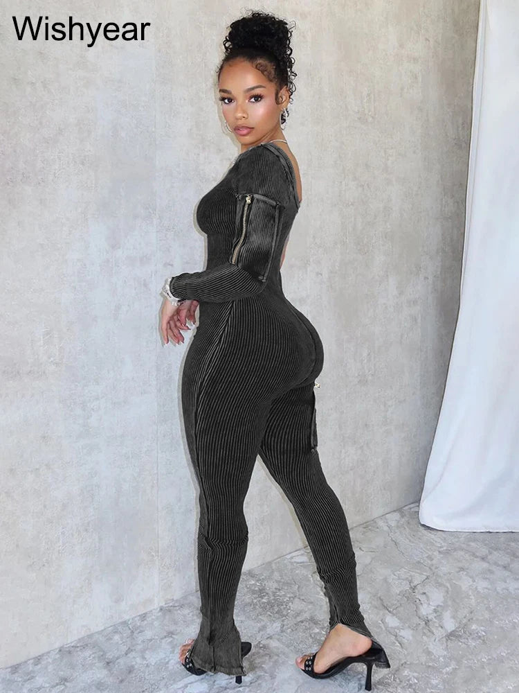 Pocket Single Shoulder Washed Ribbed Jumpsuit