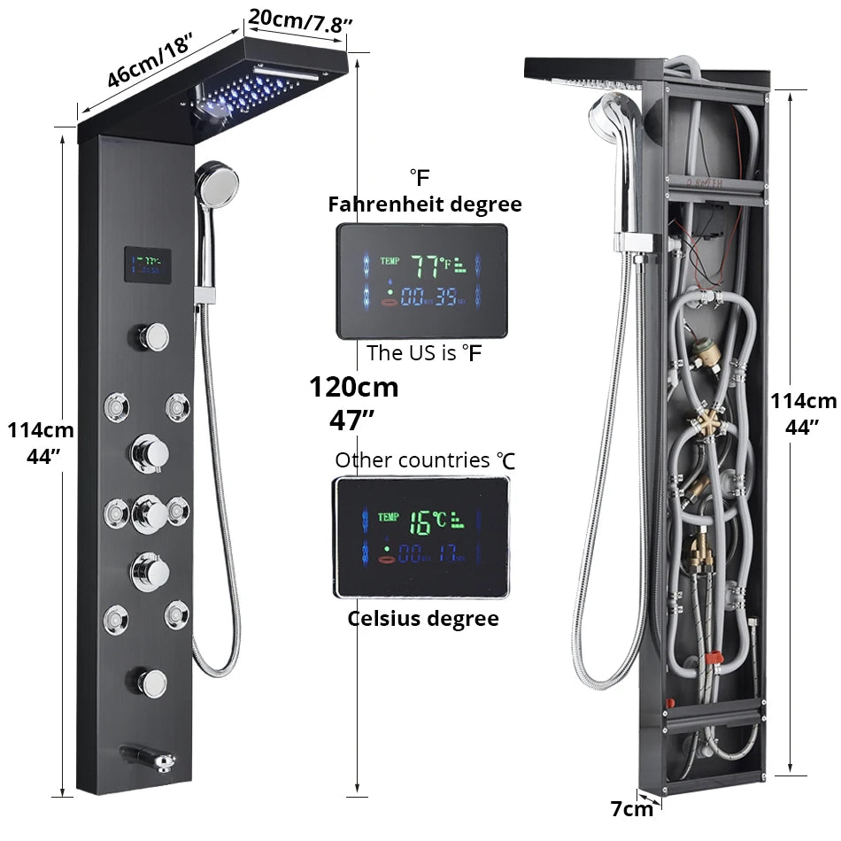 Black/Brushed Bathroom LED Rainfall Shower Panel System