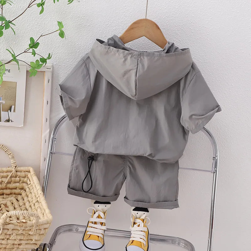 Boys Half Zipper Hooded Short-Sleeved Suit with Satchel 2Pcs 12M-5Y