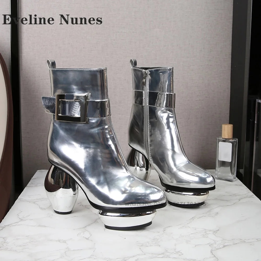 Platform Mental Buckle Ankle Boots Round Toe Strange Style