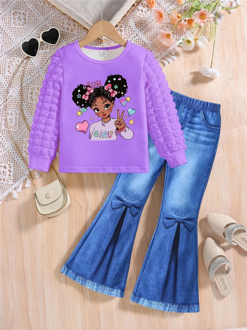 Girls' Fashion Set Cartoon Printed Long Sleeve and Solid Color Slimming Pants