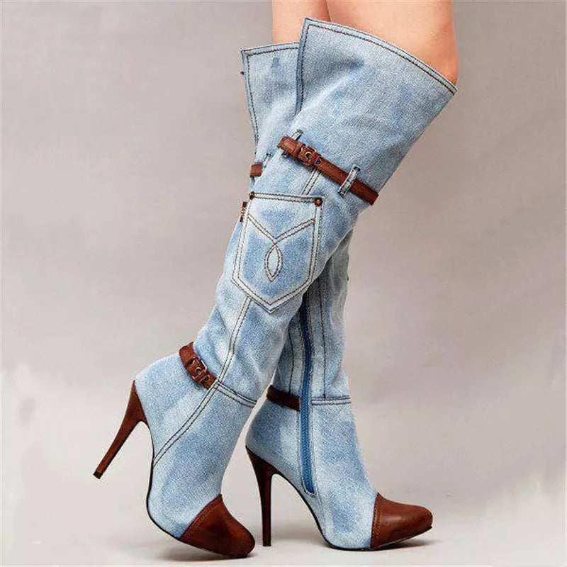 New denim boots with high heels