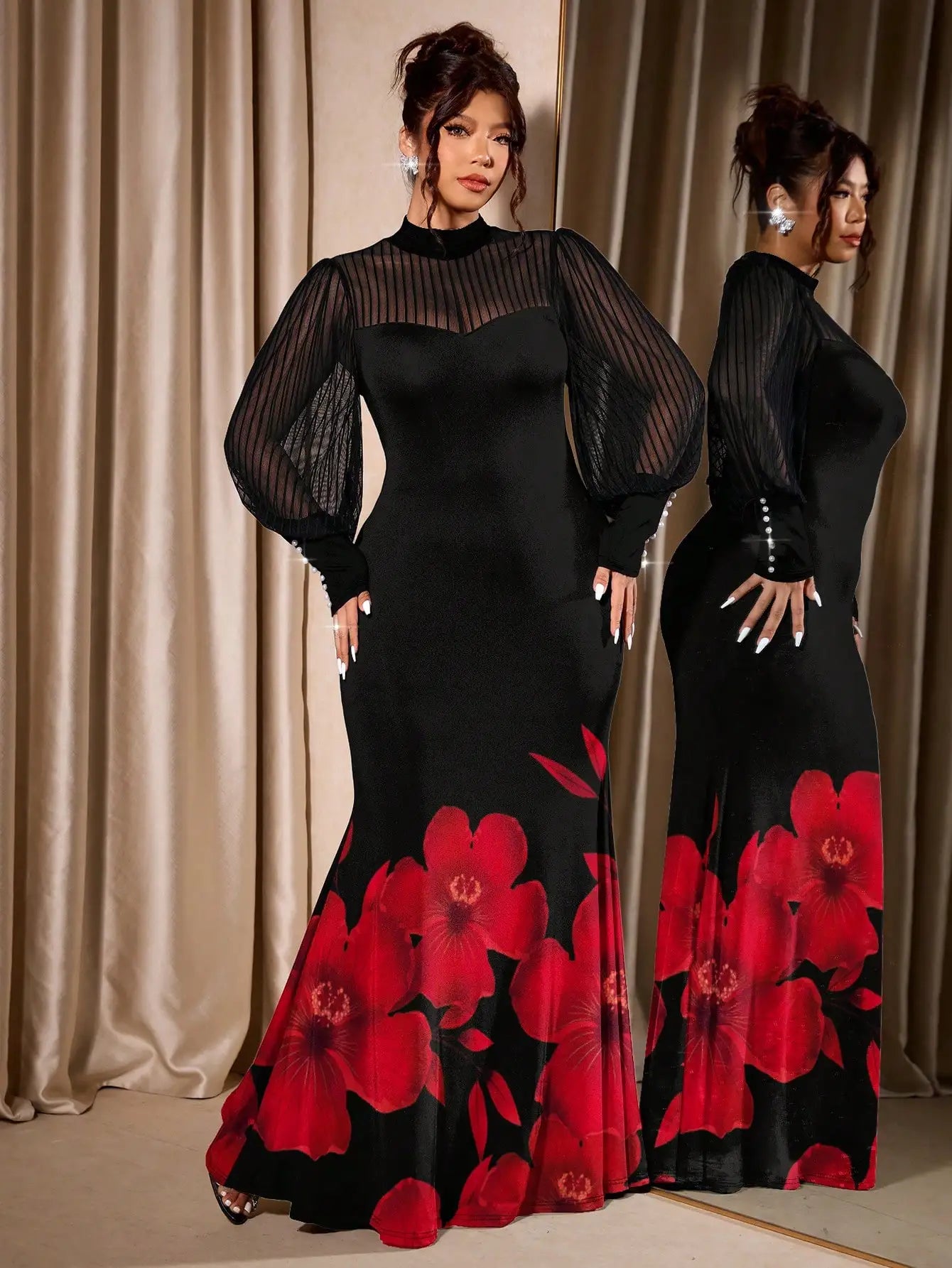 Plus Size Black Floral Dress with Sheer Sleeves