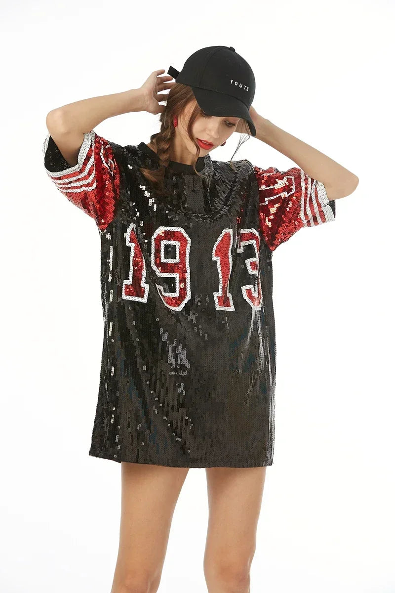 Half Sleeve Baggy Sequin T Shirt Dress