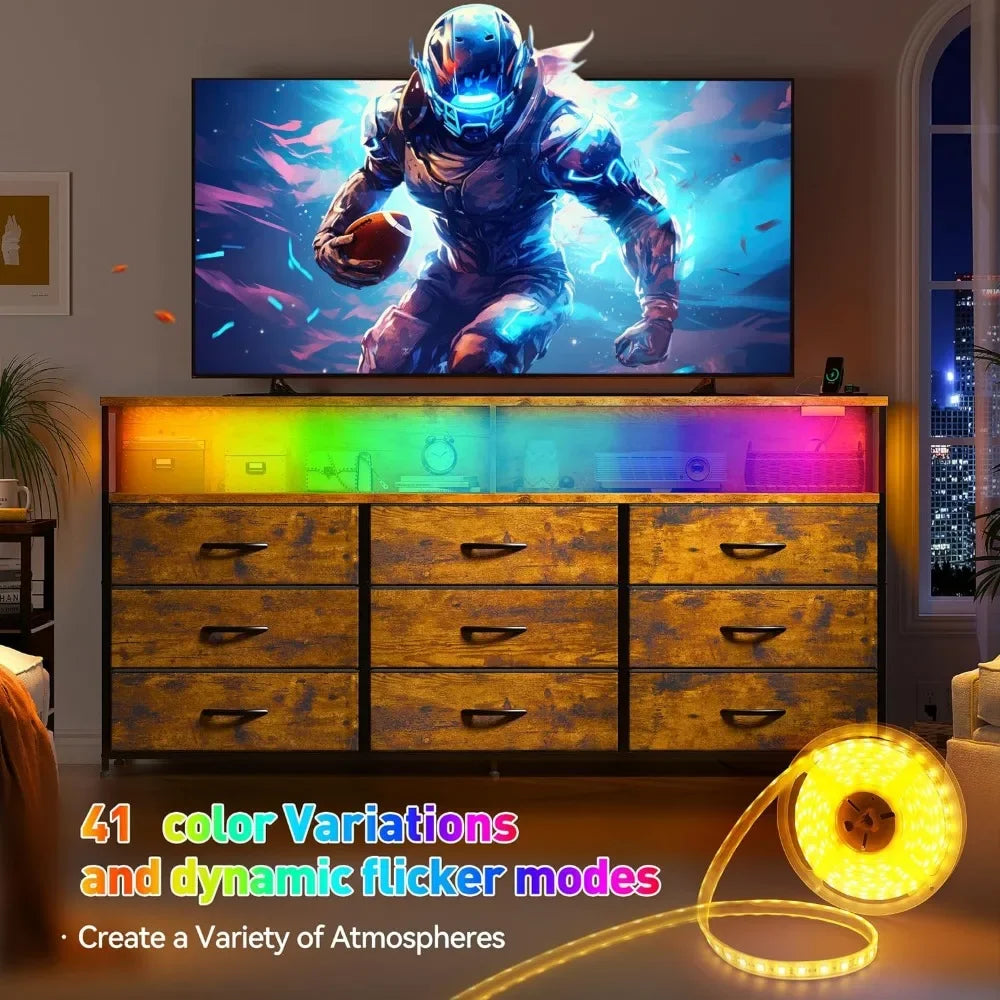 TV Stand Dresser with Power Outlet & LED Lights