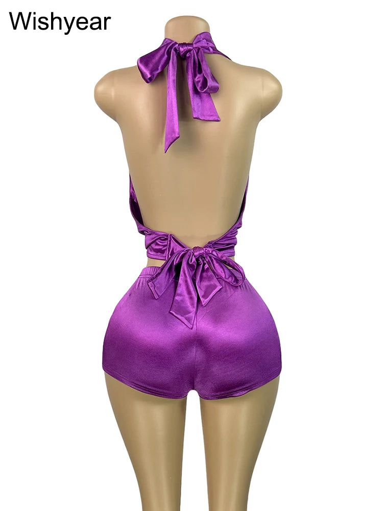 Sexy Spaghetti Strap Deep V-neck Backless Crop Top and Shorts
