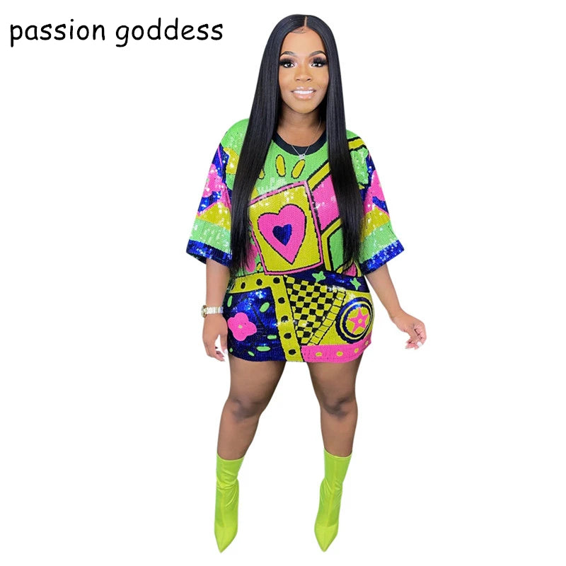 Casual Loose Letter Print Sequins Mini Dress