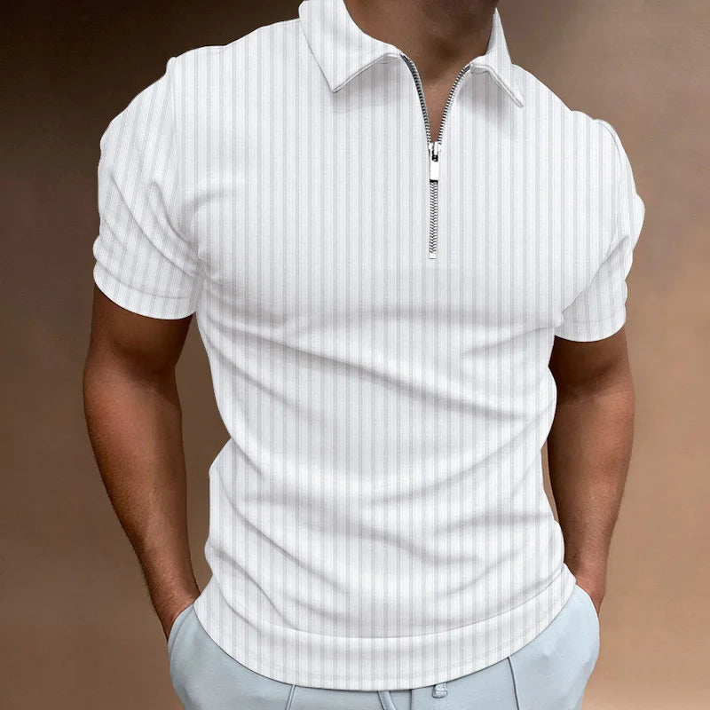 Men Casual Short Sleeve Stripe Zipper Polo Shirt