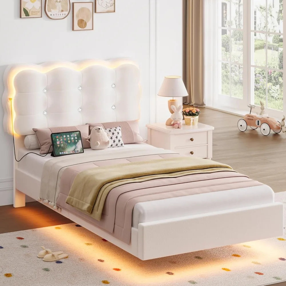 HIFIT 2 Set Upholstered Twin Size LED Bed Frame with Charging Station