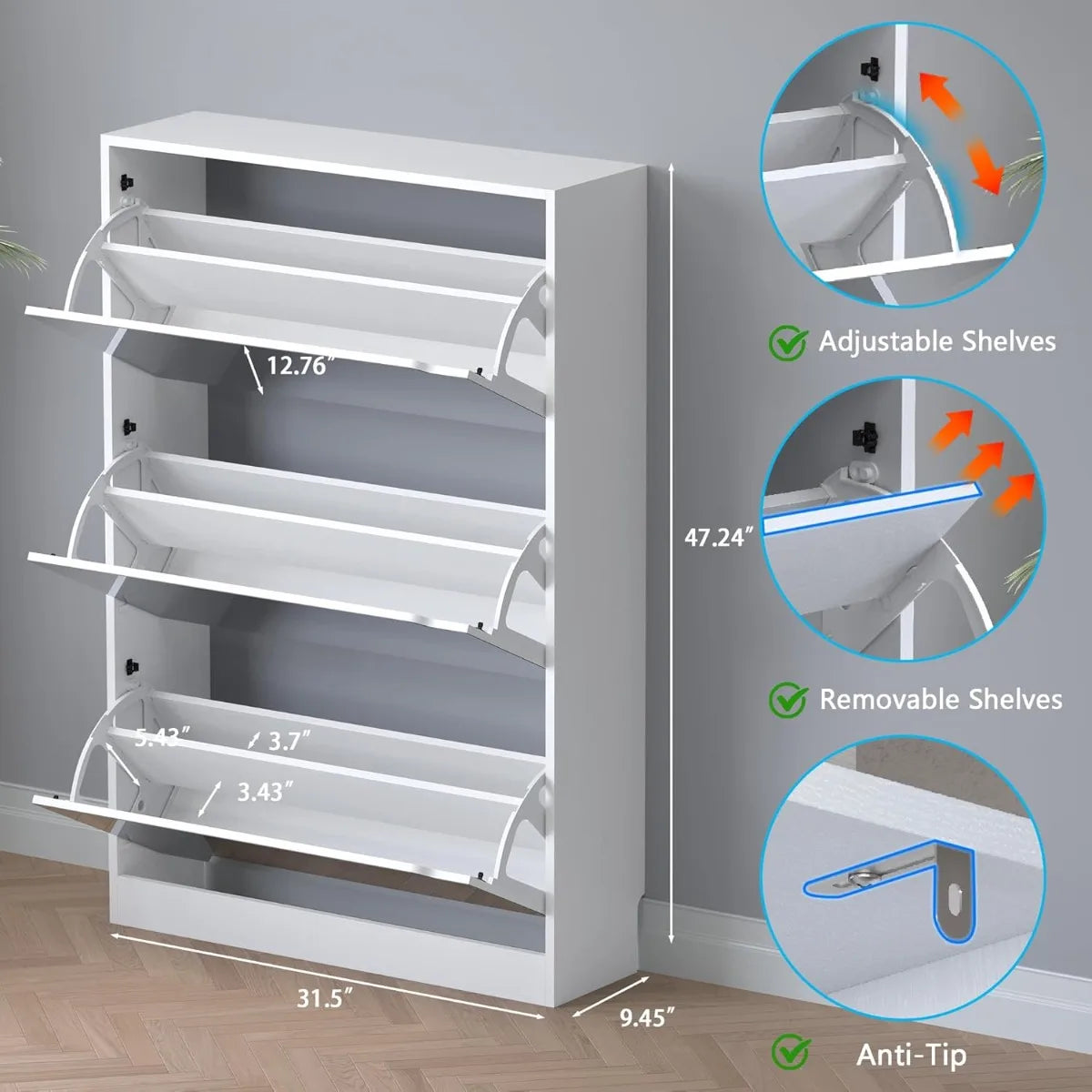 Shoe Cabinet with 3 Flip Mirror Drawers Slim