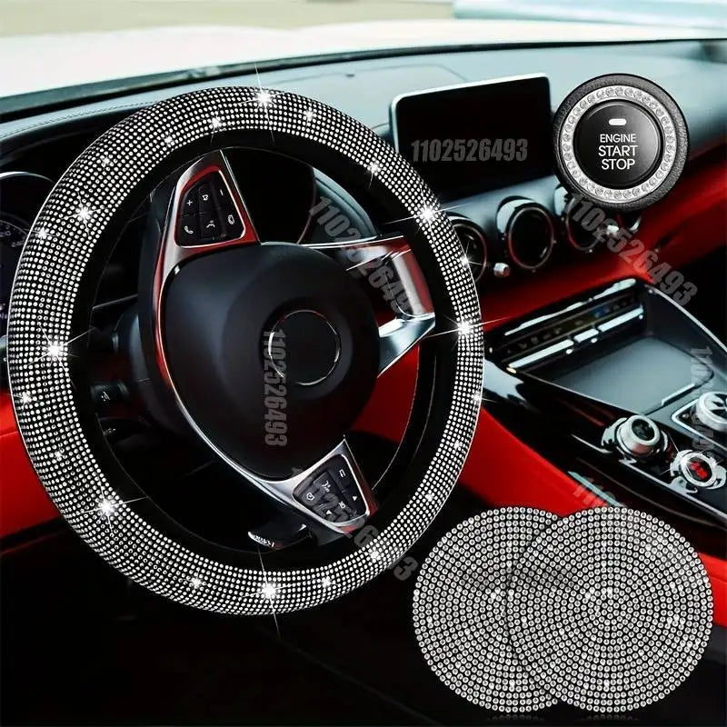 Set 27 Piece Women Bling Universal Fit Steering Cover Shiny License Frame Phone Holder Coasters Tools