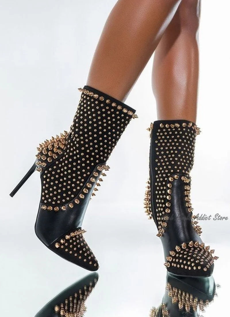 Black Sexy Full Stud High Heels Leather Booties