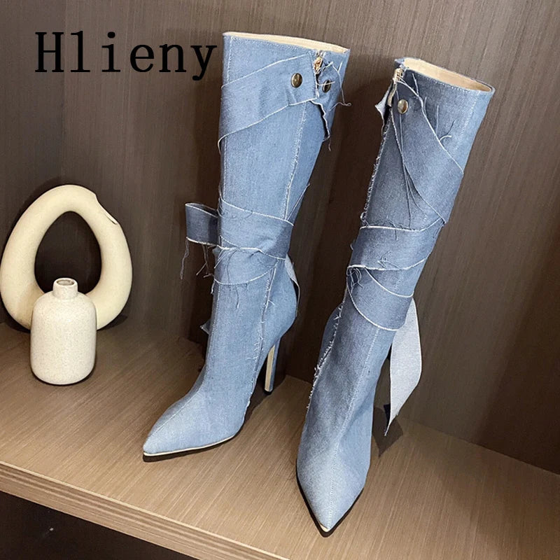 Blue Denim Women Knee High Boots