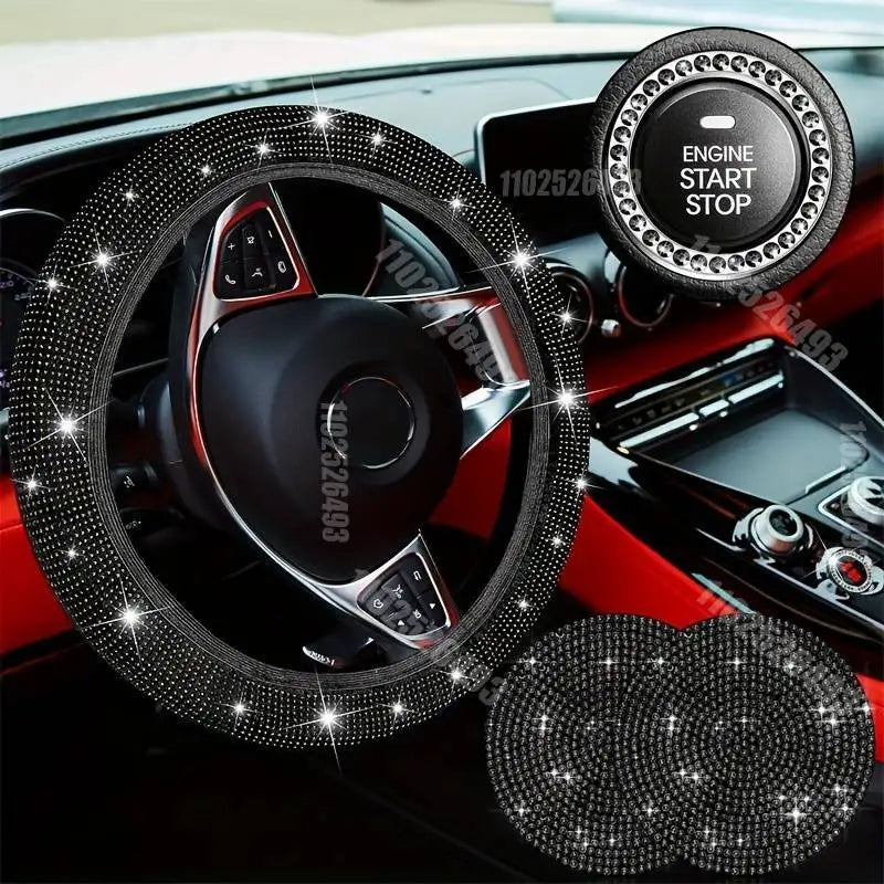 Set 27 Piece Women Bling Universal Fit Steering Cover Shiny License Frame Phone Holder Coasters Tools