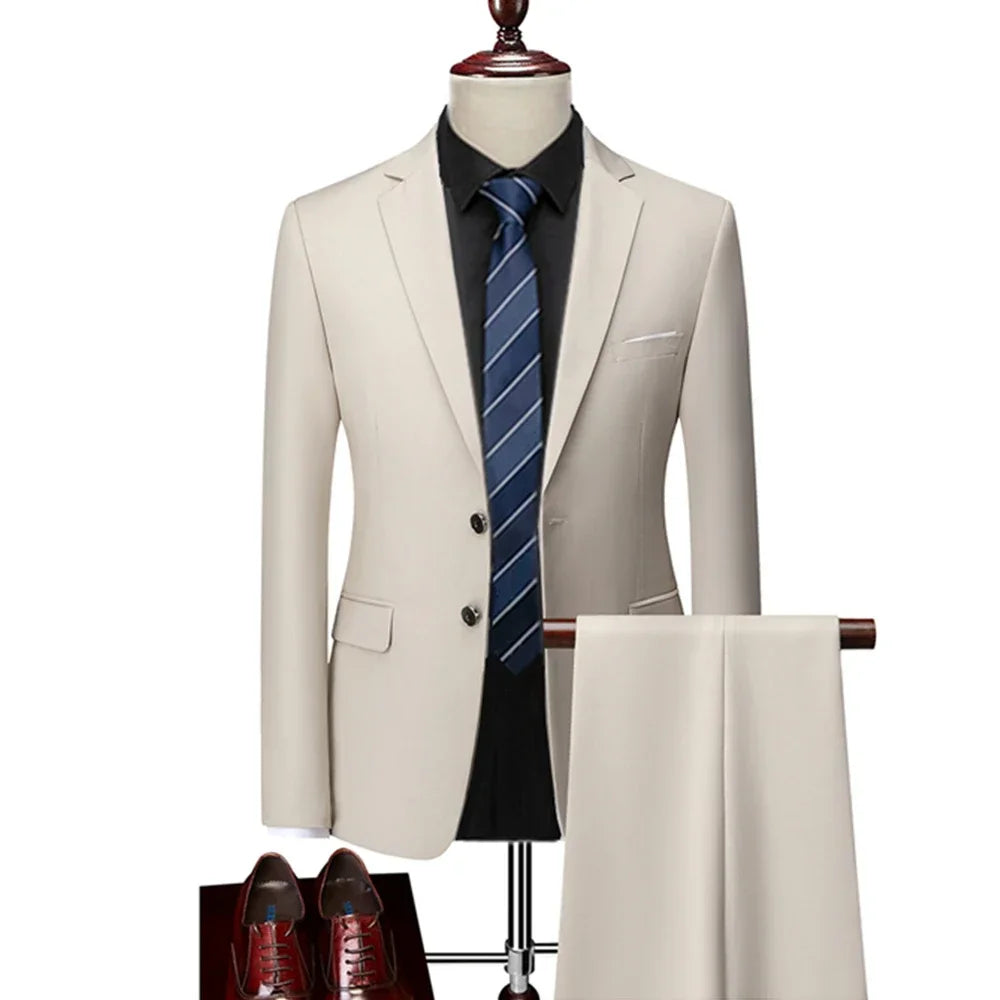 Suit Set Blazers Jacket Pants Men Casual Slim Dress