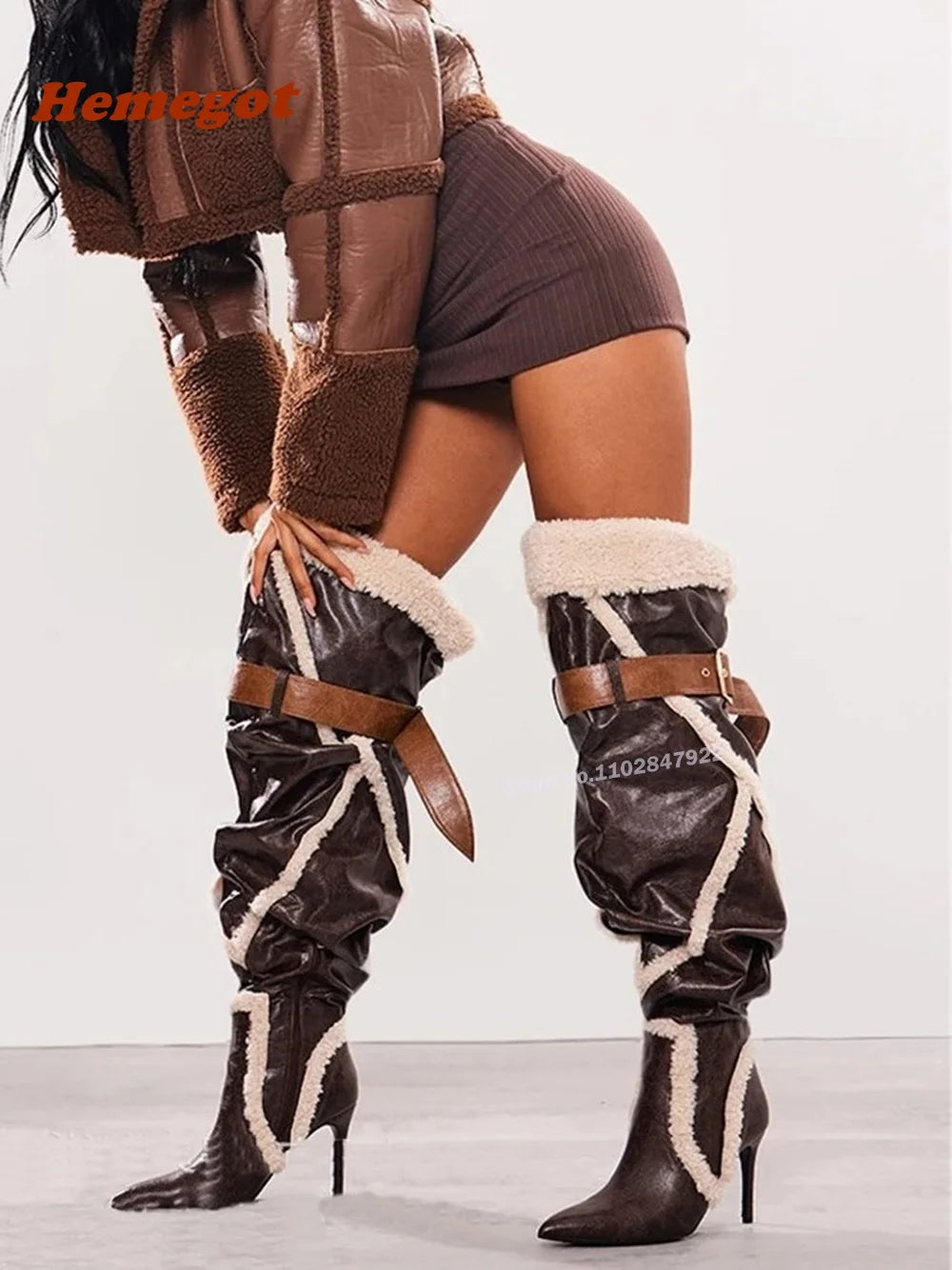 Patchwork Plush Leather Over the Knee Boots Pointy Toe Stiletto Heels