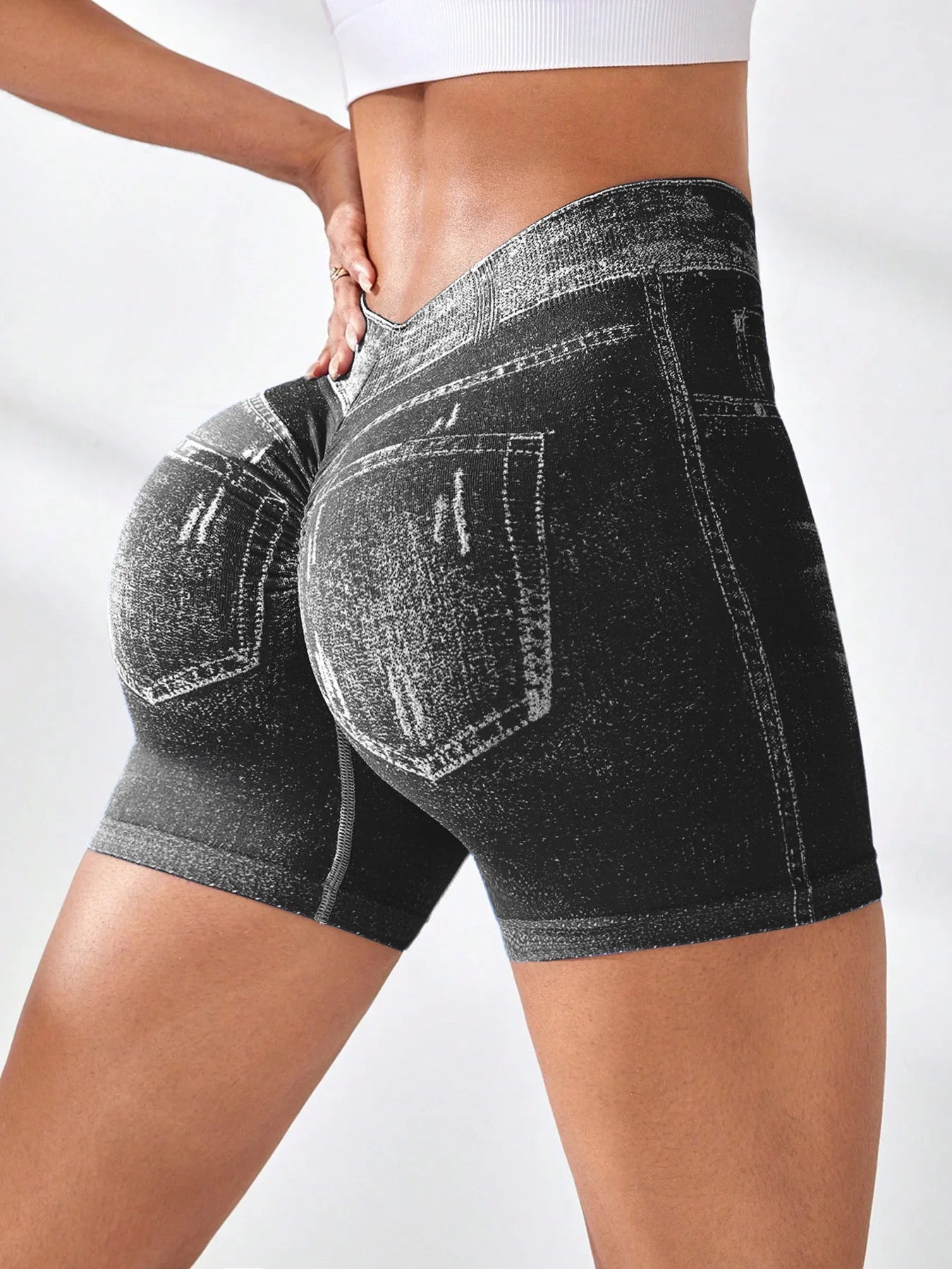 Womens V Back Faux Jeans Elastic Workout Yoga Pants