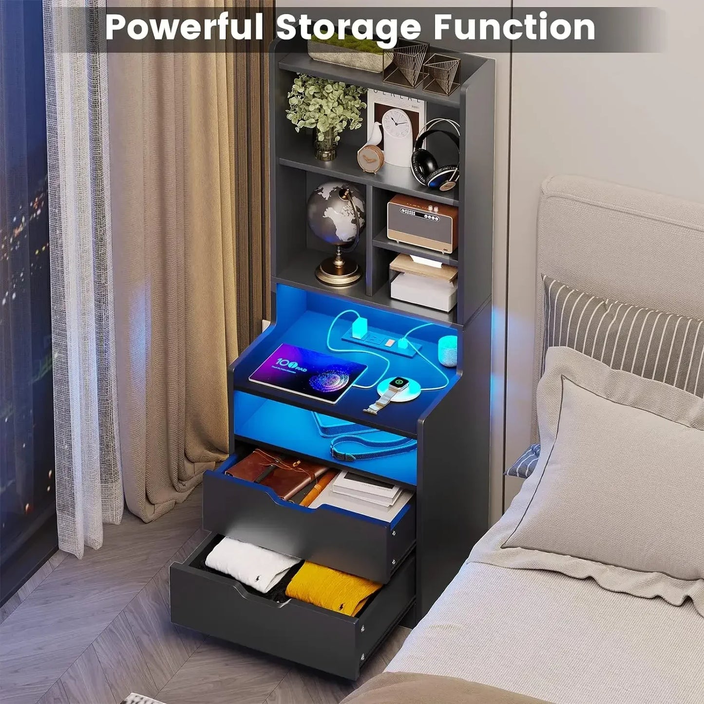 Bedside Nightstand with Bookshelf, Shelves, Drawers and LED Lights