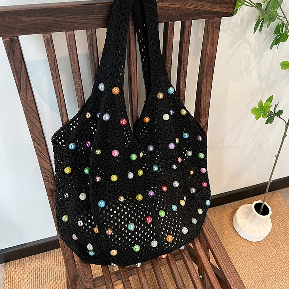 Boho Crochet Bag with Colored Beads Large Capacity