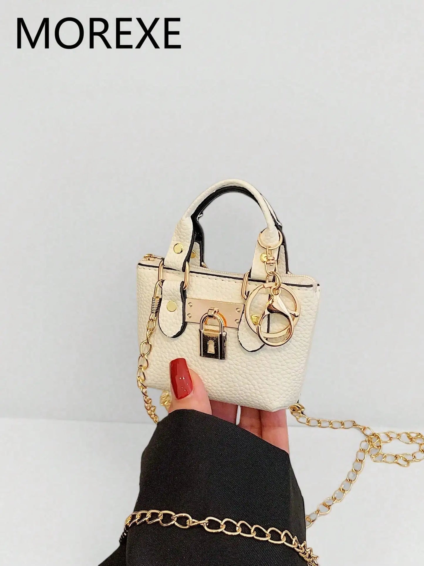 Mini Top-Handle Handbag with Gold Chain Strap and Lock Charm
