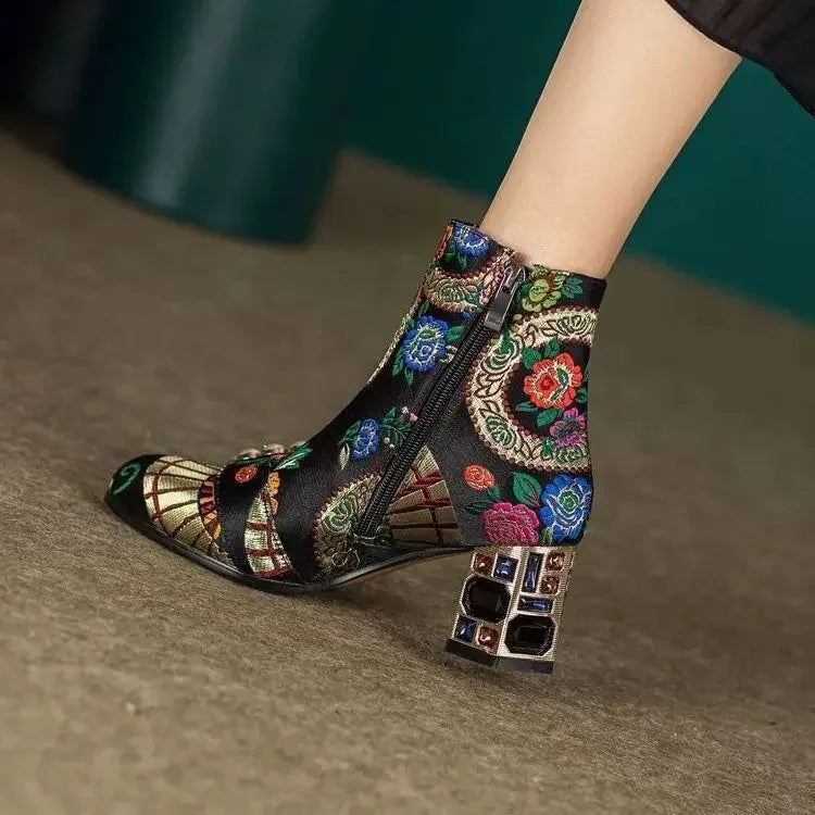 Embroidery Floral Ankle Boots Genuine Leather