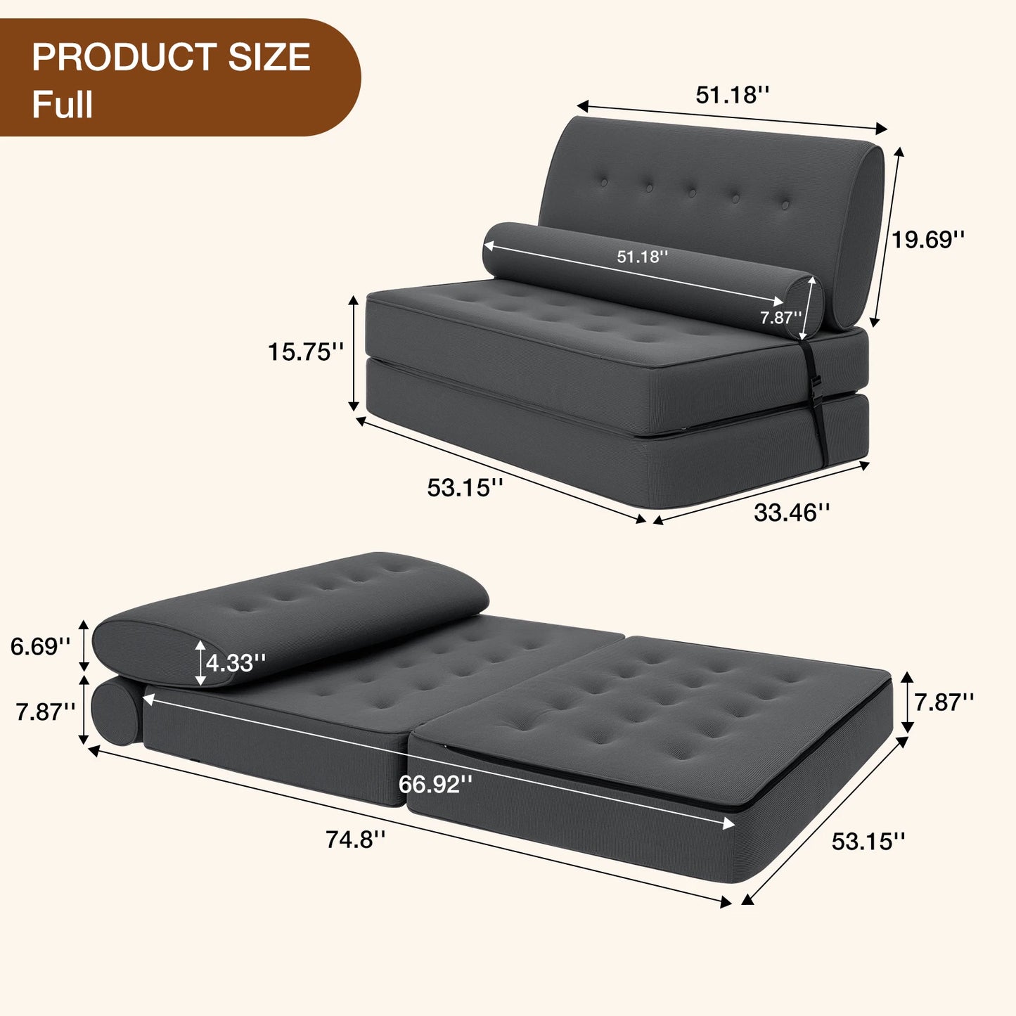 3 in 1 Convertible Sofa Bed with 2 Pillows