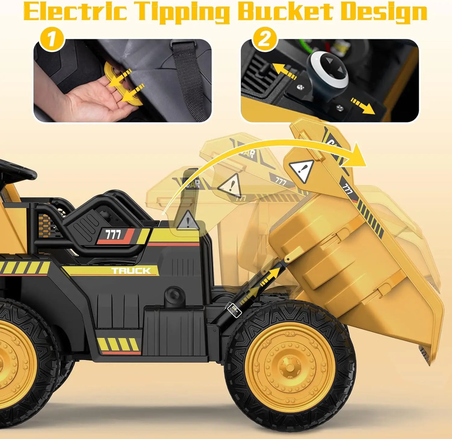 12V Ride on Car with Remote Control, Electric Dump Bed and Extra Shovel