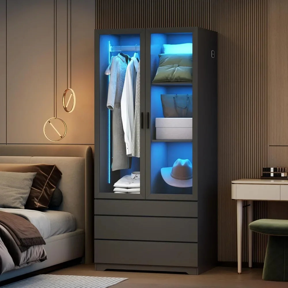 LED Armoire Wardrobe Closet Cabinet 3 Drawers Lights Adjustable Shelves Hanging Rod- 70"