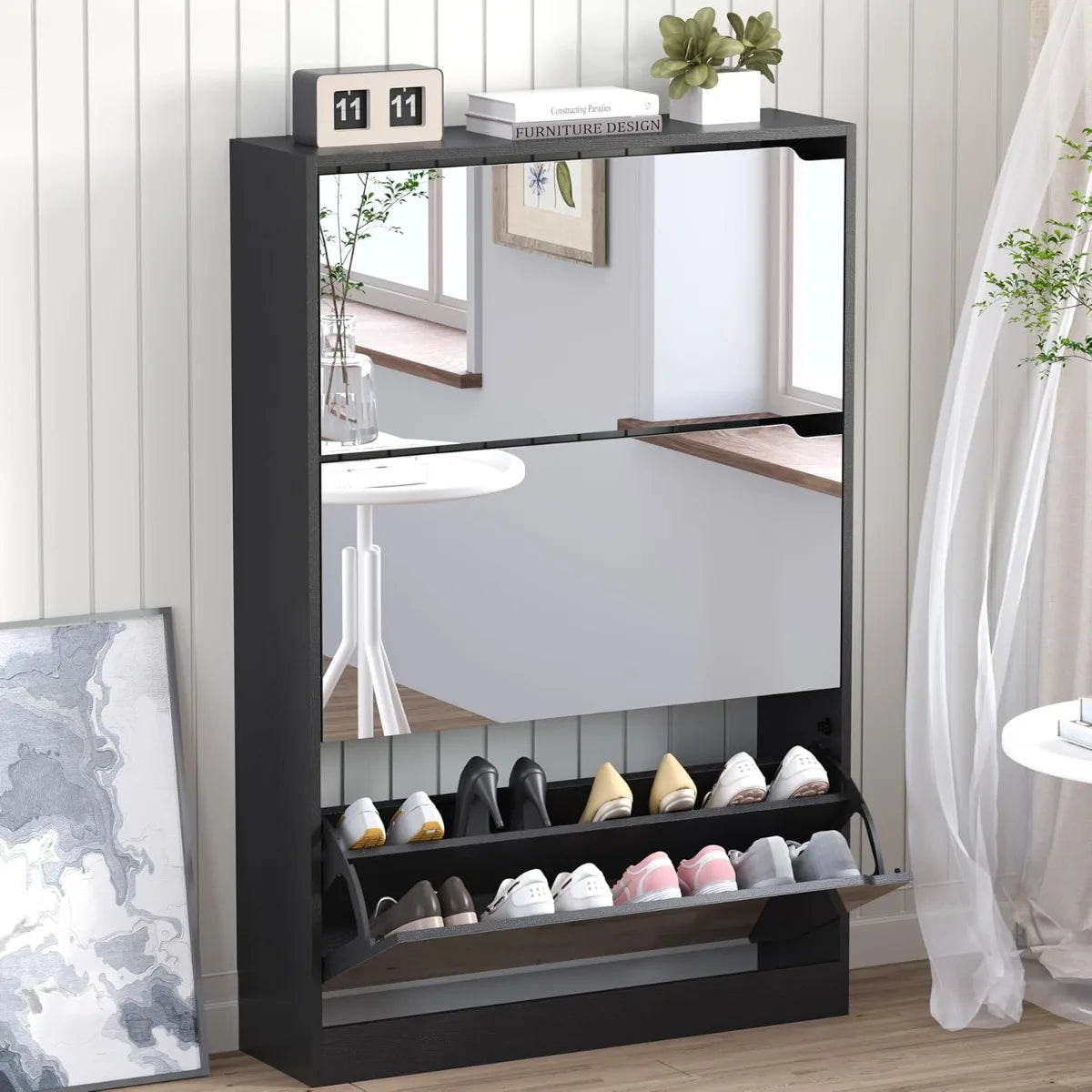Shoe Cabinet with 3 Flip Mirror Drawers Slim