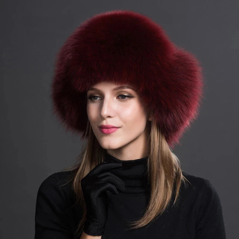 Women Fashion Bomber Pom Pom Real Fox Fur Cap