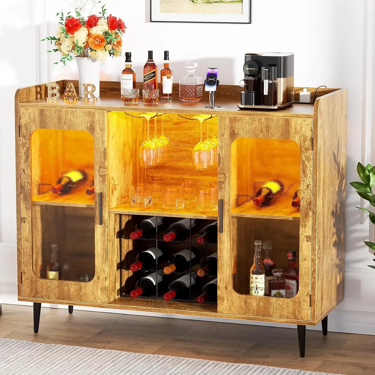 Cabinet Bar with Power Outlet and LED Lights