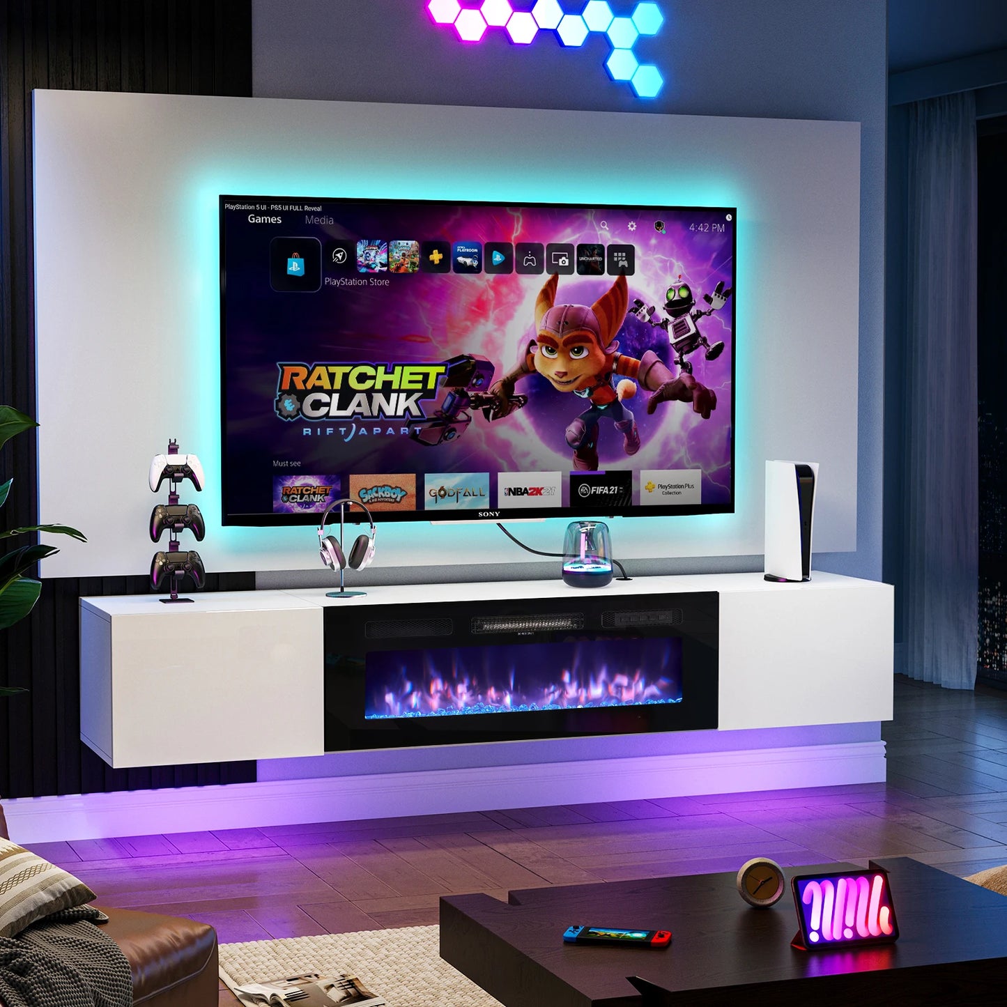 Floating TV Stand 70" Wall Mounted Entertainment Center with 36" Electric Fireplace